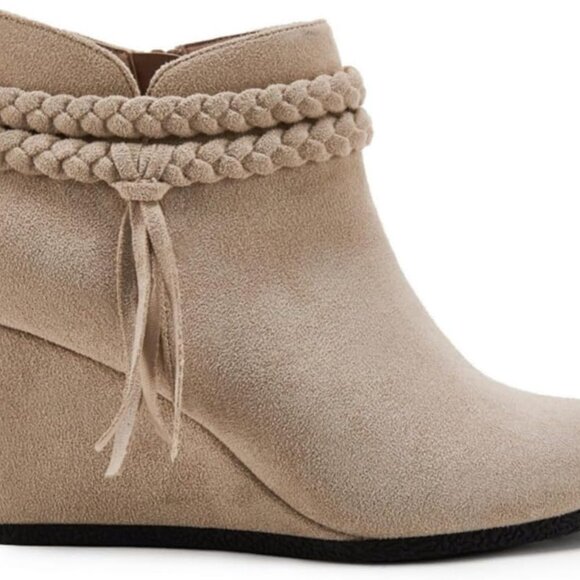Womens Wedge Ankle Boots Braided Fringe Strap Western Heeled Fall Booties Dress - Picture 4 of 5